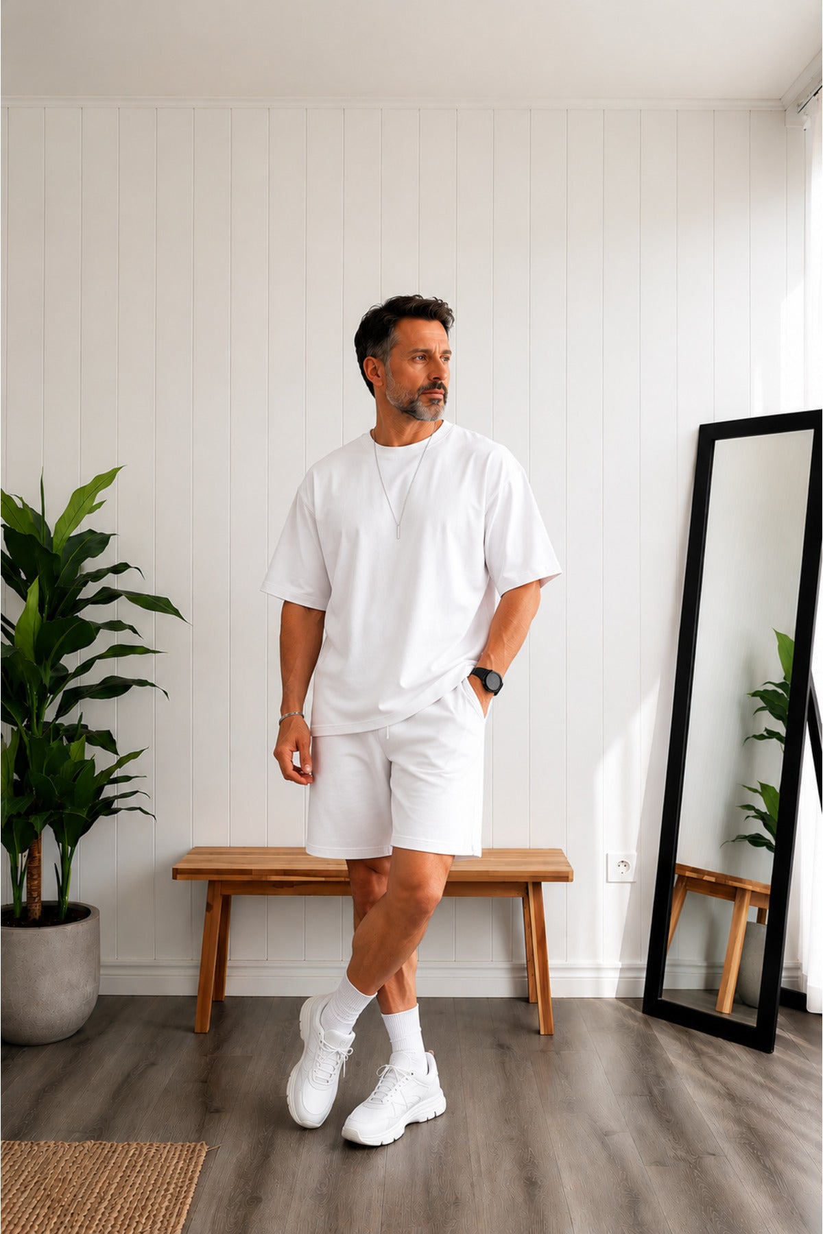 Erkek Oversize Basic Tişört Şort Takım Günlük Kısa Kollu Yazlık Eşofman Takımı - Beyaz - 4