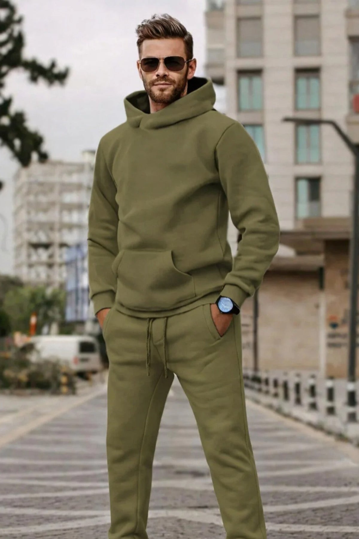 Erkek Kapüşonlu 3 İ̇plik Şardonlu Lastikli Paça Eşofman Takımı - Haki - 1