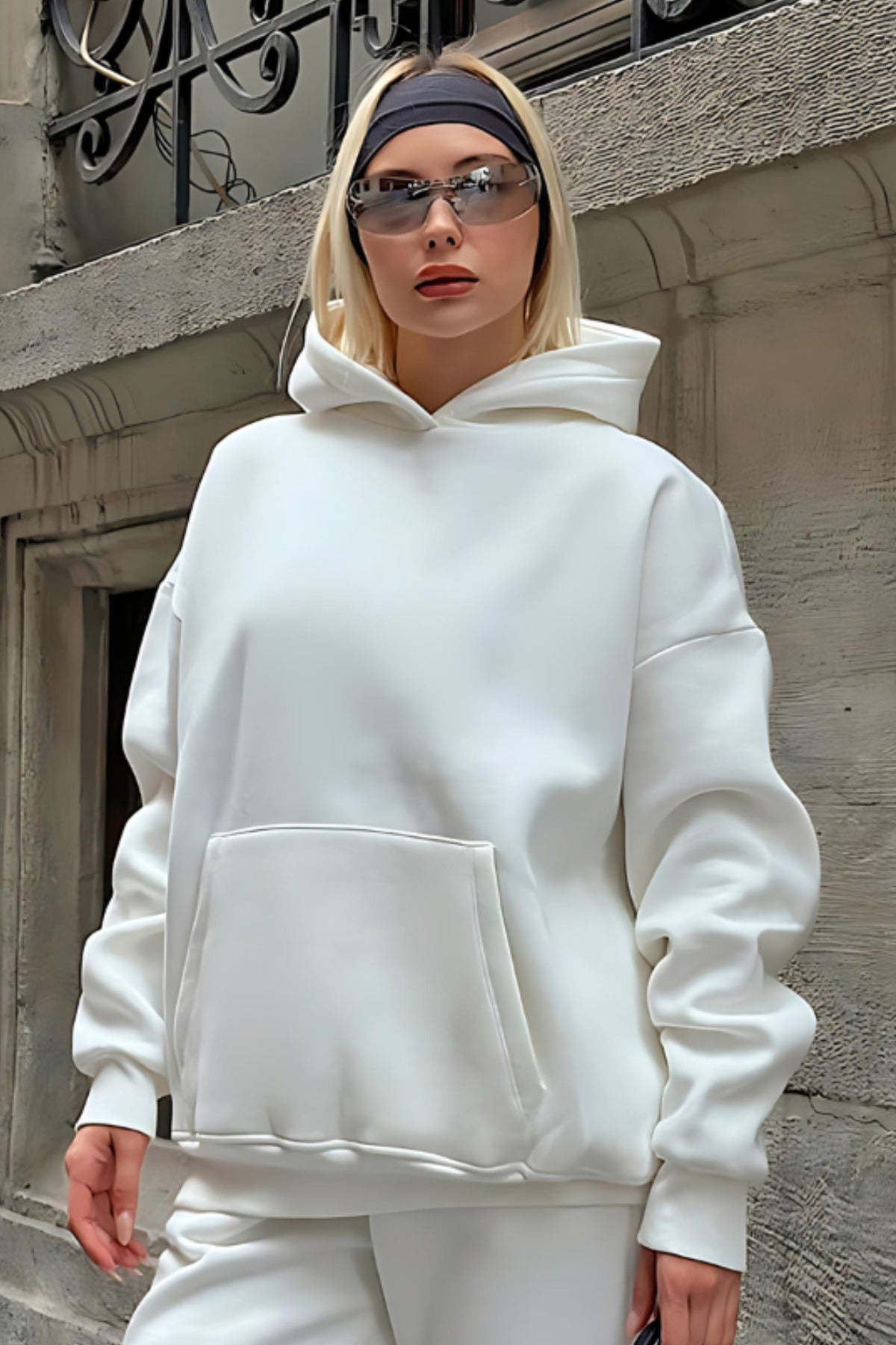 Premium Kalite 3 İplik Sweatshirt Kapuşonlu - Beyaz - 3