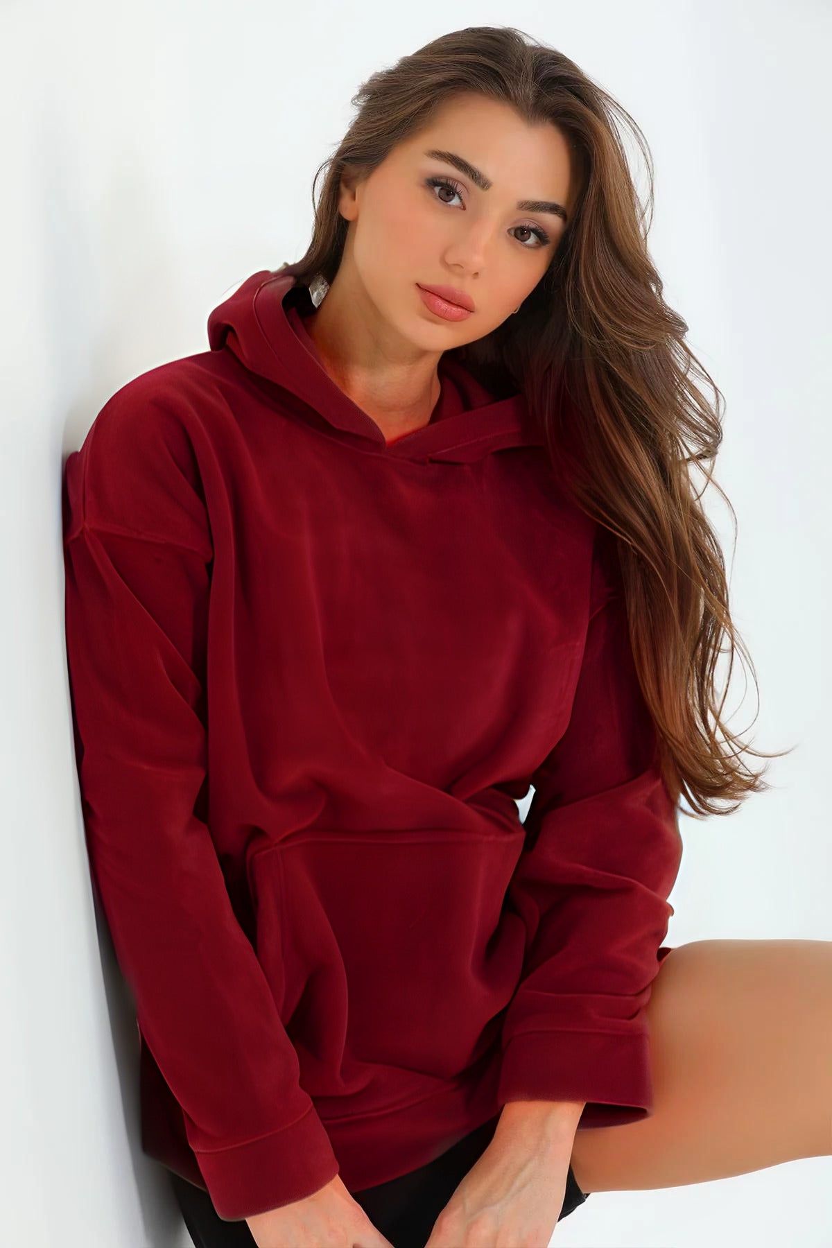 Kadın 3 İ̇plik Kanguru Cep Regular İ̇çi Pamuklu Oversize Okul Sweatshirt - Kırmızı - 1