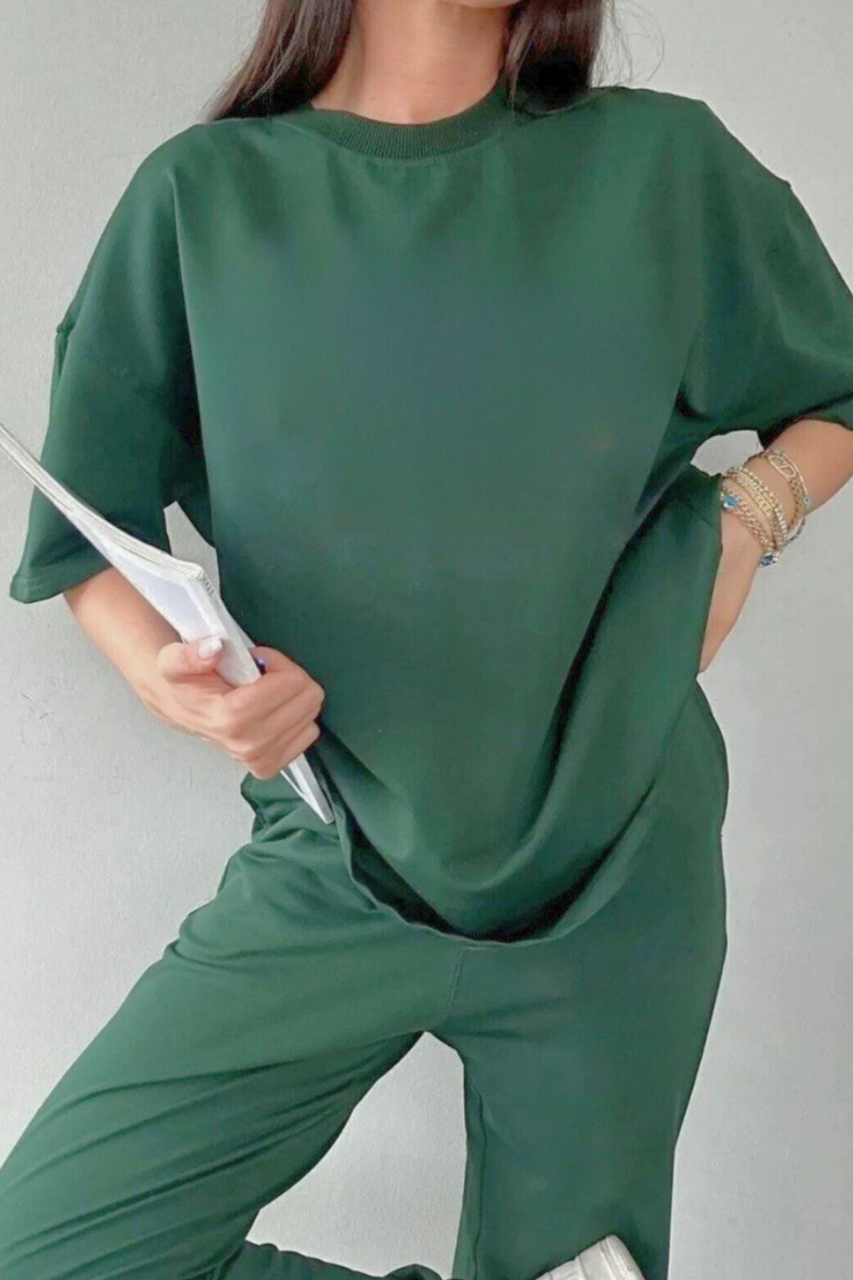 Kadın Penye Rahat Oversize Pijama Takımı - YEŞİL - 2