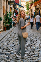 Kadin Yeni̇ Sezon Trend Kisa Kollu Li̇krali Süper Yüksek Bel Bol Paça Basic Beli̇ Bağlamali Yazlik Günlük Kullanima Uygun Alt-üst Takim - Füme - 3