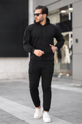 Erkek Bol Oversize 3 İ̇plik İ̇çi Pamuklu Kanguru Cep Kapşonlu Lastikli Paça Jogger Kış Eşofman Takımı - Siyah - 1
