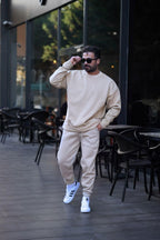 Erkek Unisex 3 İ̇plik Bej Takim Bisiklet Yaka Sweatshirt Ve Eşofman Altı - Bej - 3