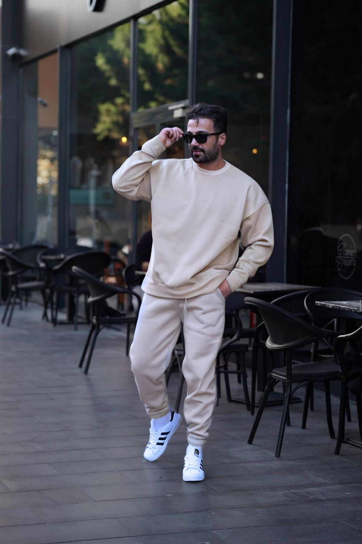 Erkek Unisex 3 İ̇plik Bej Takim Bisiklet Yaka Sweatshirt Ve Eşofman Altı - Bej - 3