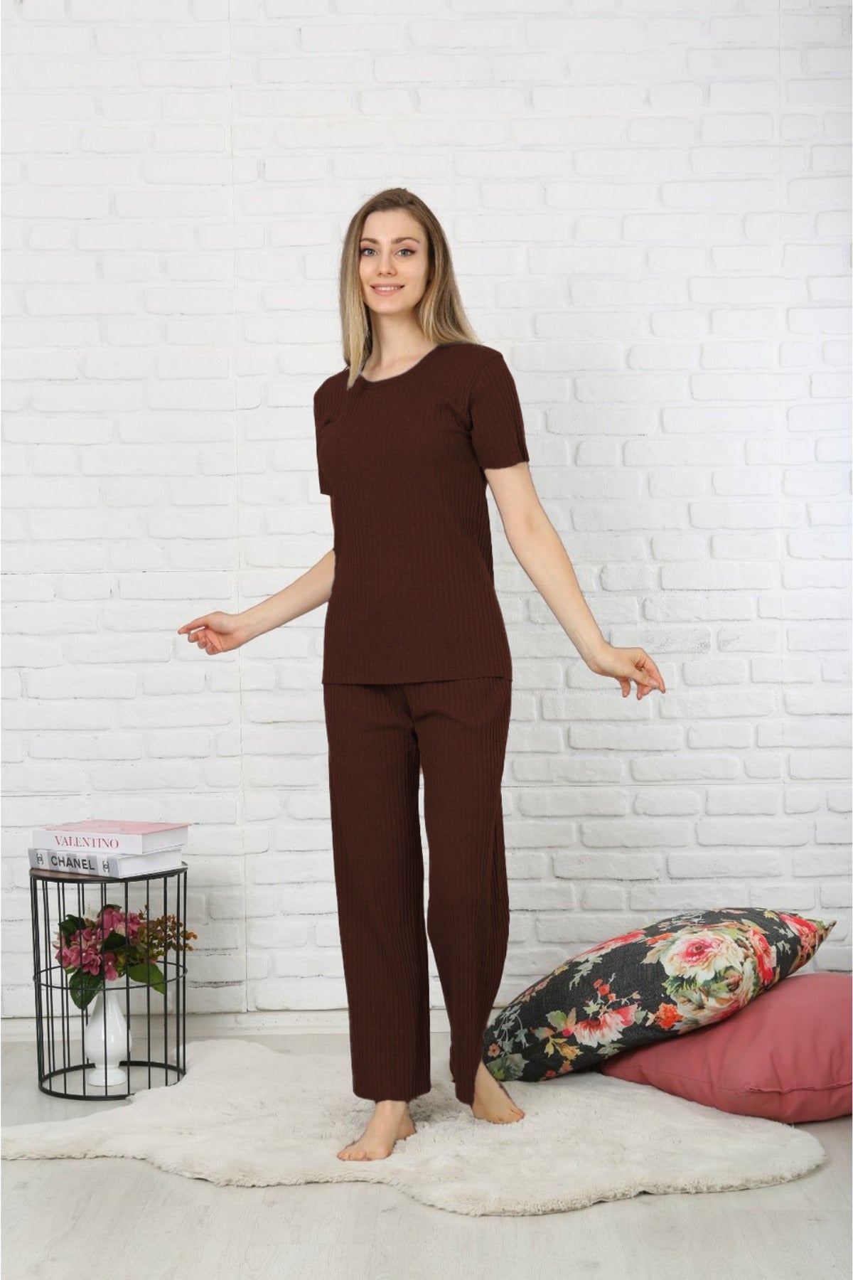 Kadın Yeni Basic Yazlık Kaşkorse Salaş Şık Fitilli Takım - Kahverengi - 4