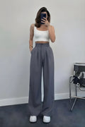 Kadın Trend Bol Paça Yüksek Bel Pileli Crep Pantolon - Füme - 1
