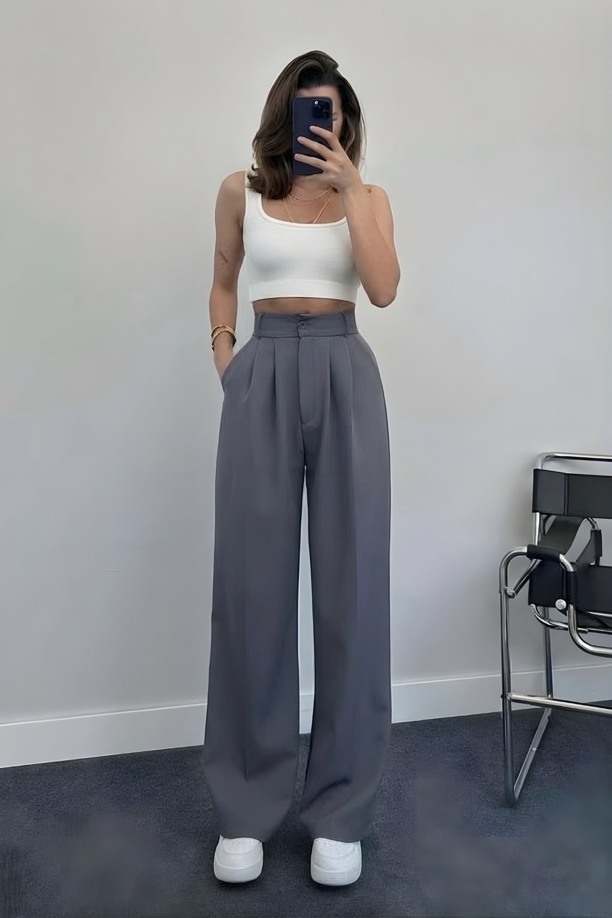 Kadın Trend Bol Paça Yüksek Bel Pileli Crep Pantolon - Füme - 1