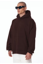 Erkek Bol Kesim Oversize 3 İ̇plik İ̇çi Pamuklu Şardonlu Kanguru Cep Kapşonlu Kışlık Hoodie Sweatshirt - Kahverengi - 2