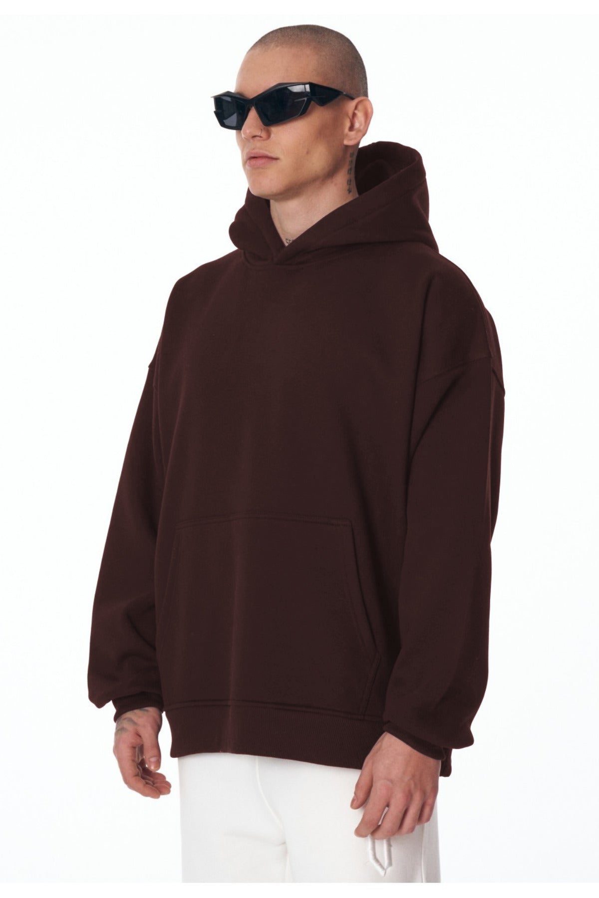 Erkek Bol Kesim Oversize 3 İ̇plik İ̇çi Pamuklu Şardonlu Kanguru Cep Kapşonlu Kışlık Hoodie Sweatshirt - Kahverengi - 2