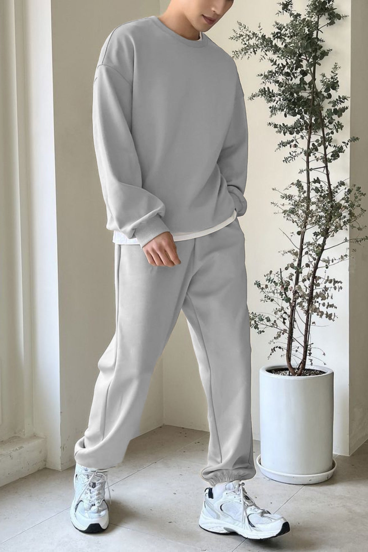 Erkek Bisiklet Yaka Oversize Jogger Paçası Lastikli Alt Üst Eşofman Takımı - Gri - 2