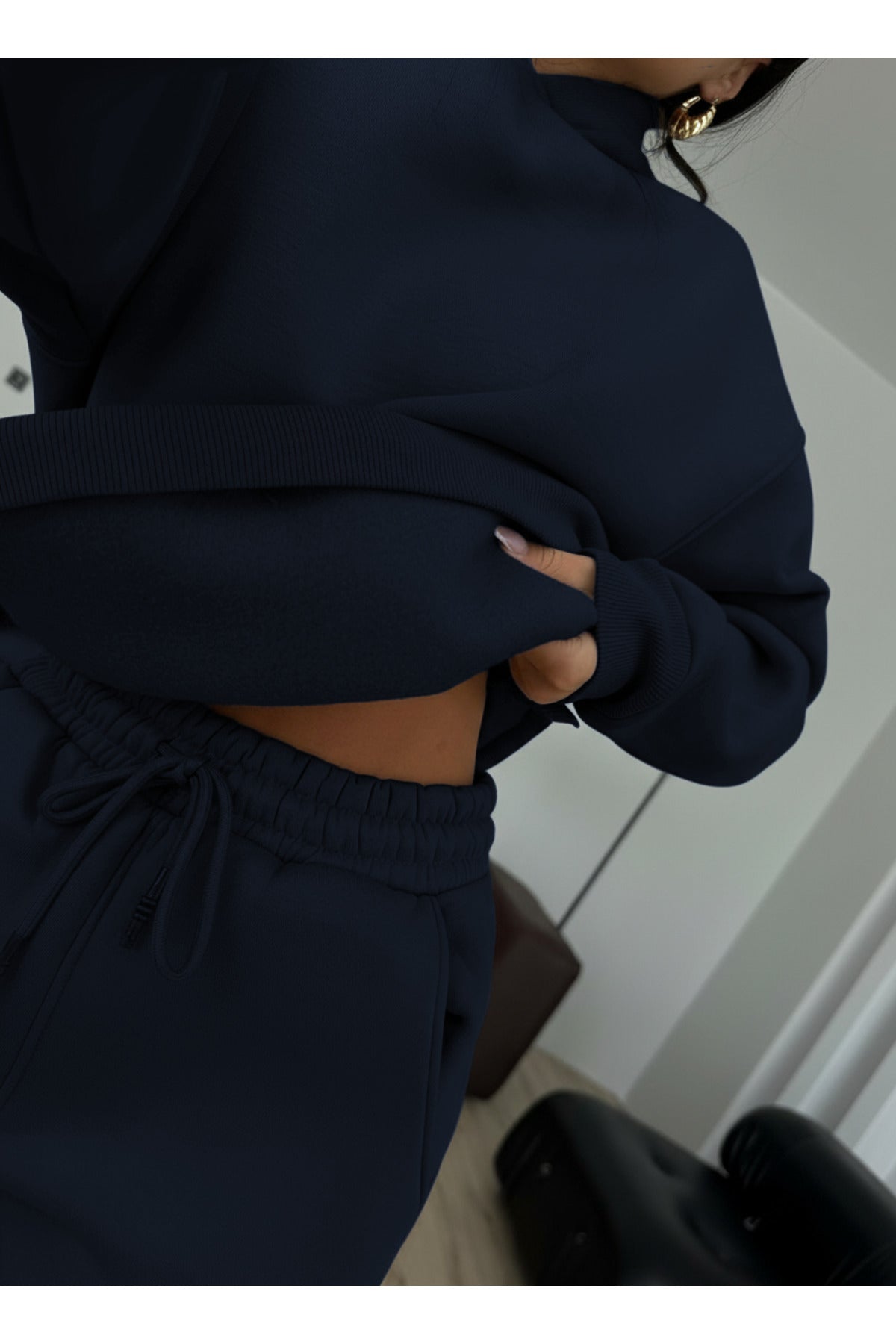 Kadın Boyfriend 3 İplik Şardonlu Bol Paça Oversize Casual Takım - Lacivert - 4