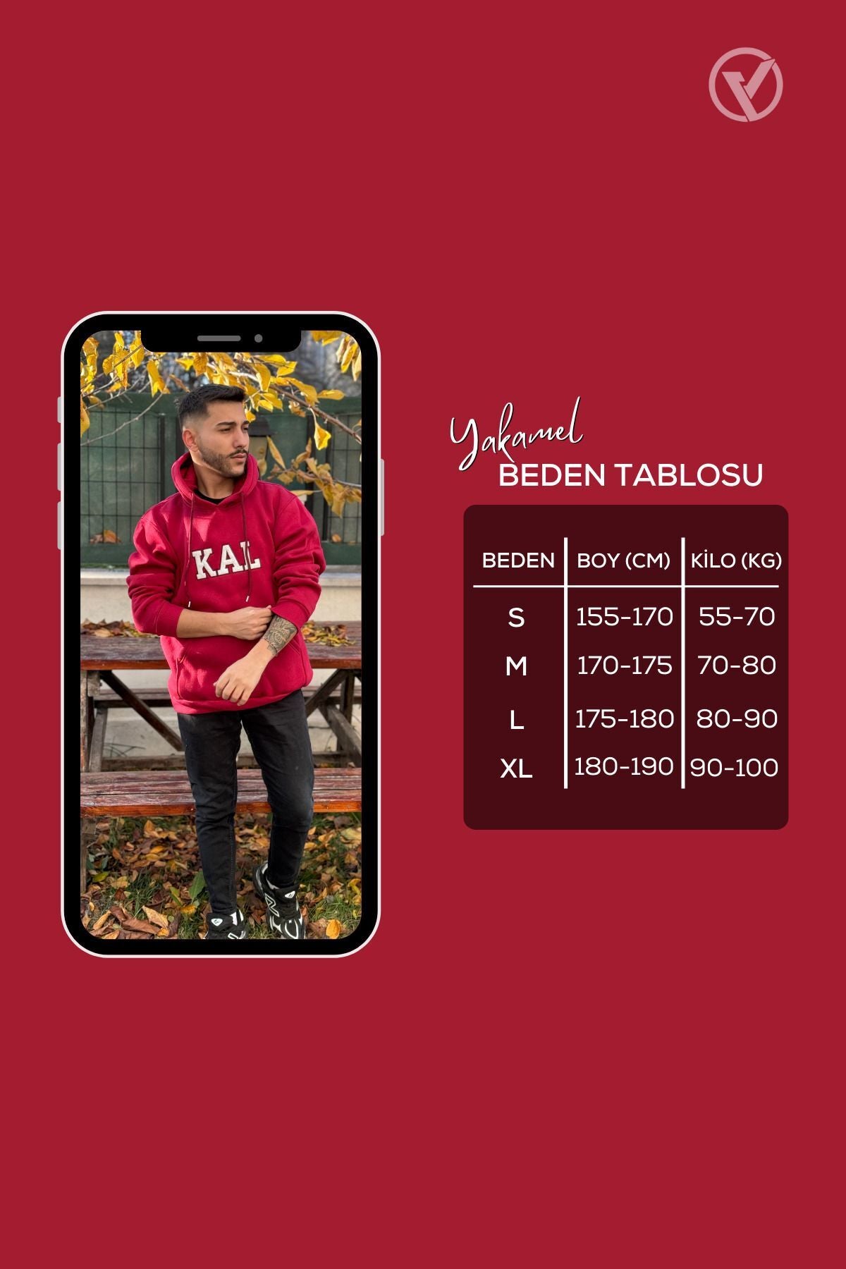 Unisex Kal Nakışlı Baskılı İ̇çi Polarlı Oversize Kapüşonlu Hoodie Sweatshirt - Red - 6