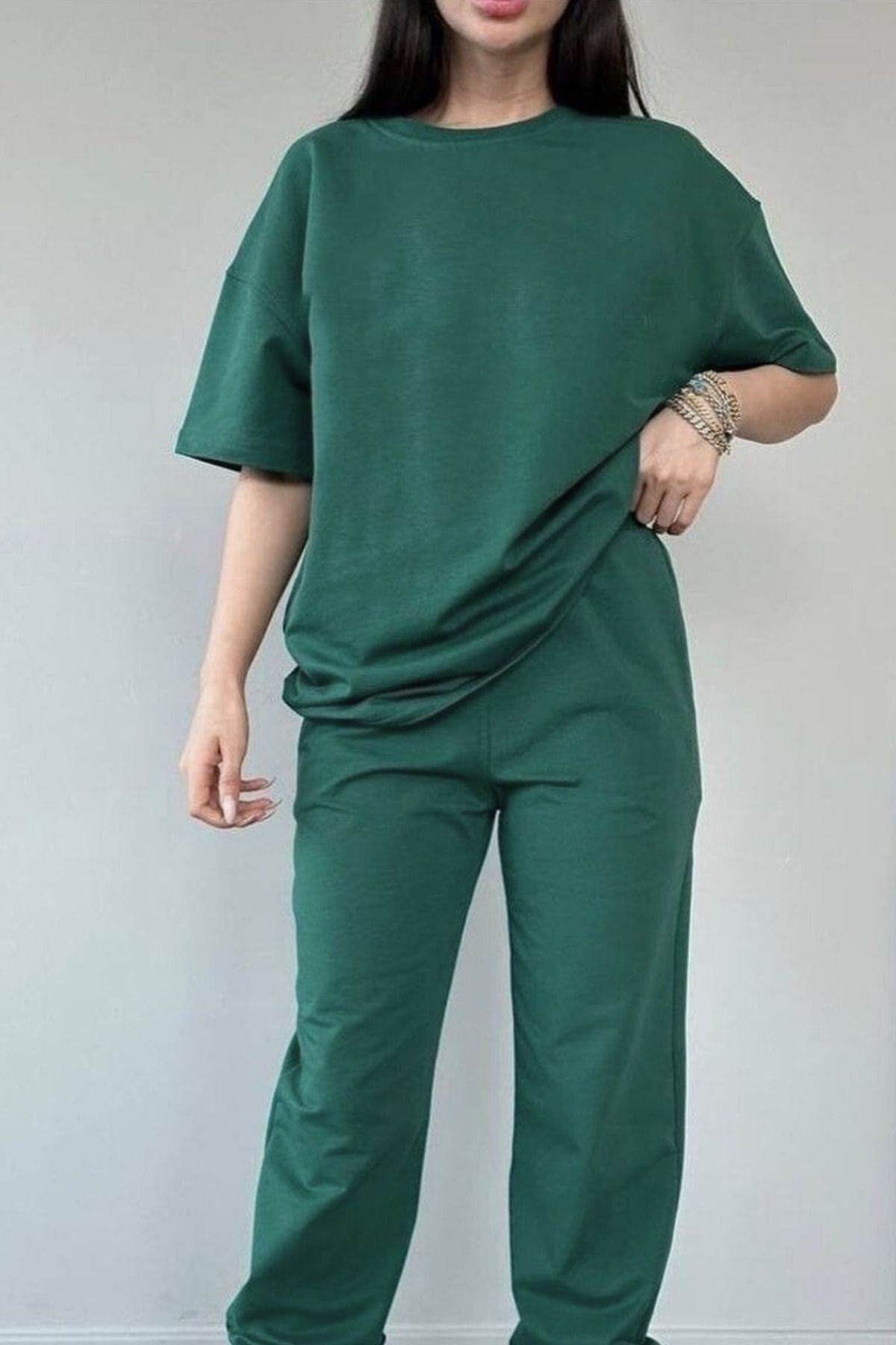 Kadın Kısa Kollu Pijama Takımı Bisiklet Yaka Salaş Tok Kumaş - Yeşil - 1