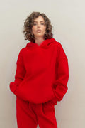 Kadın Rahat Kesim Oversize 3 İ̇plik Pamuklu Şardonlu Kanguru Cep Kapşonlu Hoodie Sweatshirt - Kırmızı - 1
