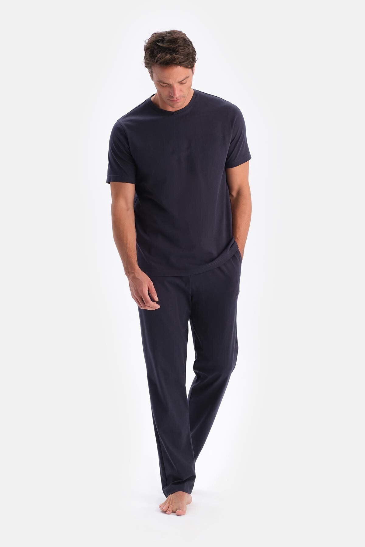Erkek Füme T-shirt Alt Üst Penye Pijama Takımı - Füme - 1