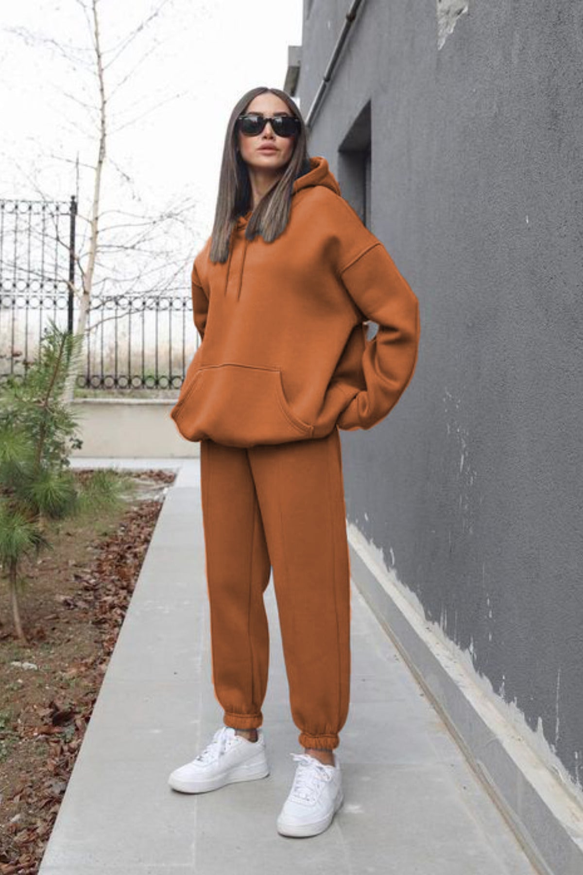 Kadın Oversize Spor Kapşonlu Günlük Jogger Paçası Lastikli Eşofman Takımı - Kiremit - 1