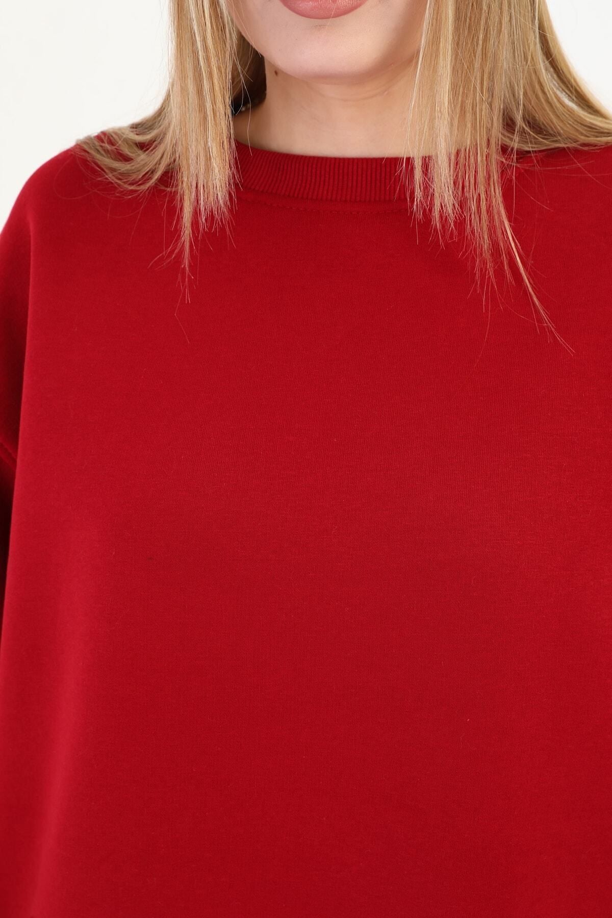 Kadın 3 İ̇plik Bisiklet Yaka Uzun Kollu Sweatshirt - Kırmızı - 6