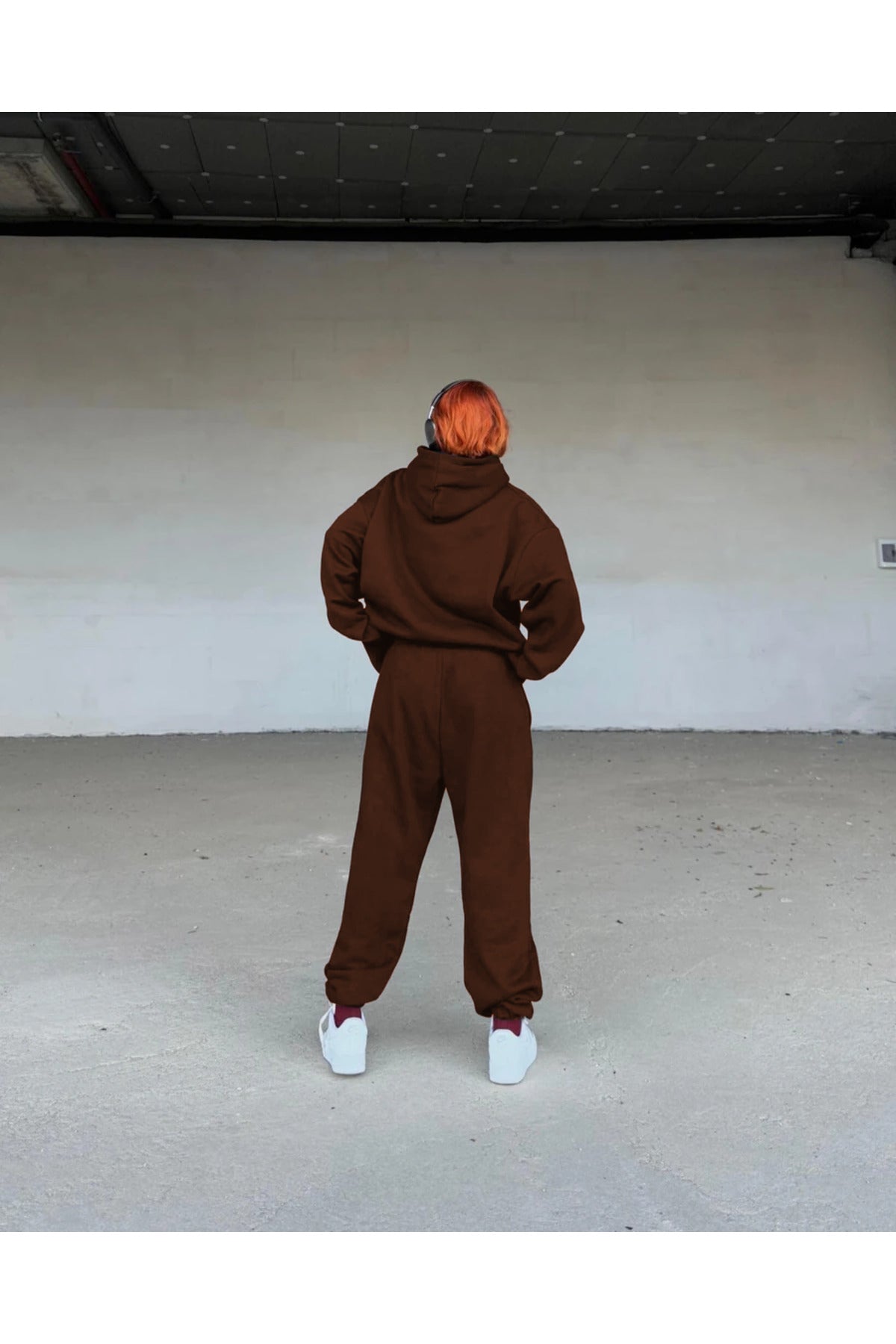 Kadın Oversize Spor Ve Günlük Jogger Paçası Lastikli Eşofman Takımı - Kahverengi - 2