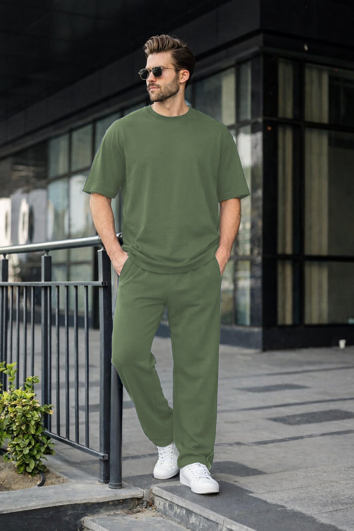 Erkek Basic Oversize Takım Kısa Kollu Penye Konforlu Kombin - Yeşil - 1