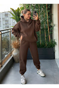 Kadin Kalin Comfort Sweatshi̇rt Yüksek Bel Eşofman Takimi - Kahverengi - 1