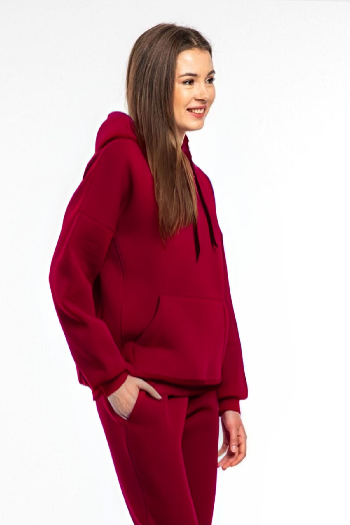 Kadin 3 İ̇pli̇k Kapşonlu Kanguru Cep İ̇çi̇ Puf Sweatshi̇rt - Bordo - 2