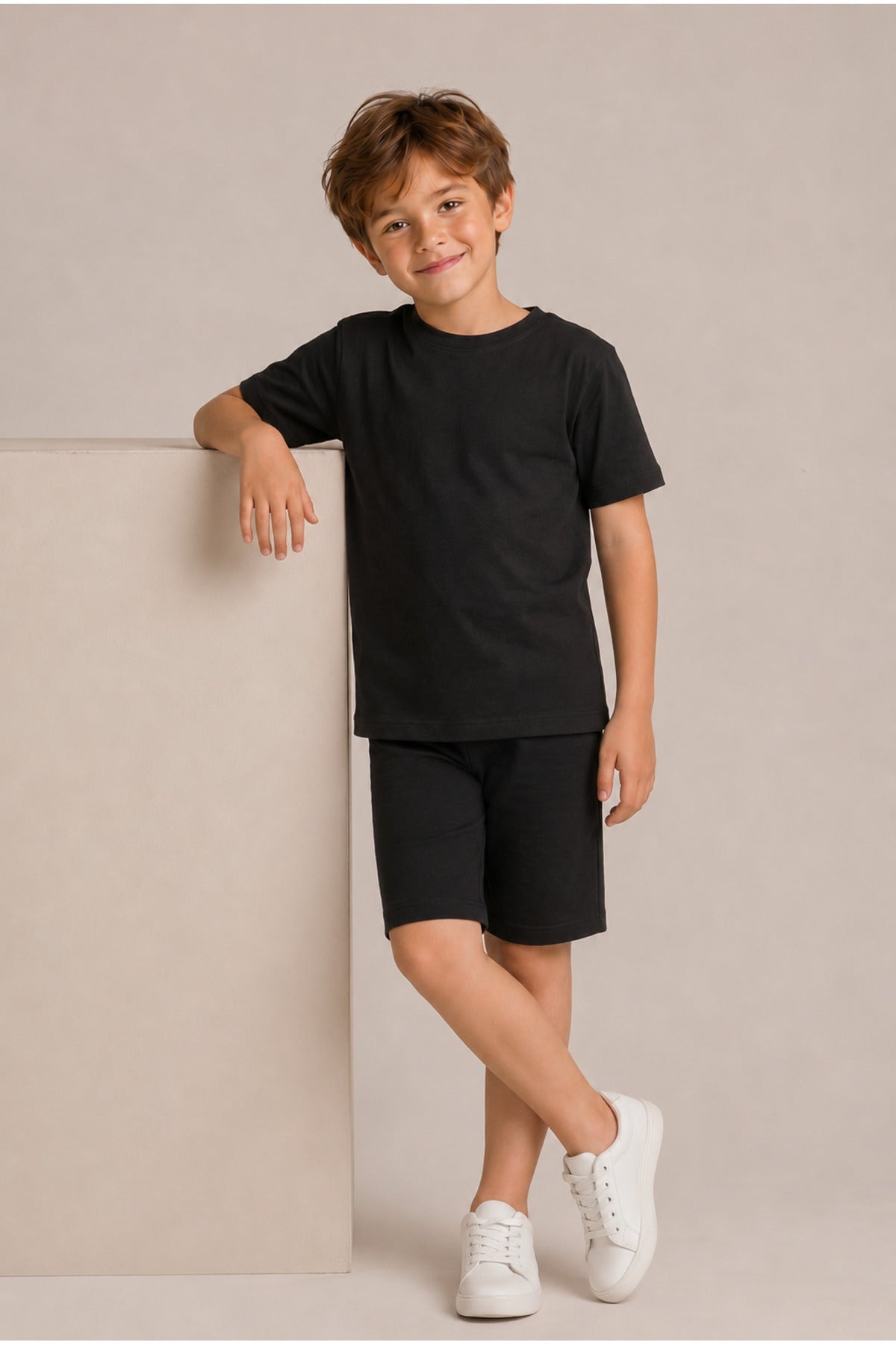 Çocuk Kısa Kollu Baskısız Basic Oversıze Geniş Kalıp Beli Bağlamalı Esnek 1-10 Yaş Arası Yaz Sezonu Sportif T-shirt / Şort Takım - Siyah - 3