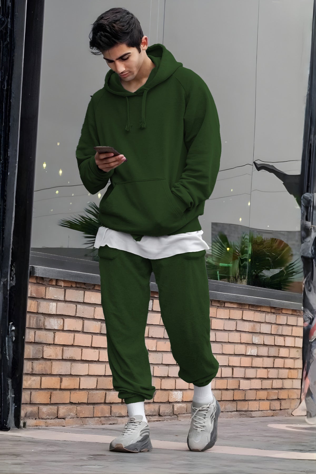 Erkek Oversize 3i̇pliki Şardonlu Basic Eşofman Takımı - Koyu Yeşil - 1
