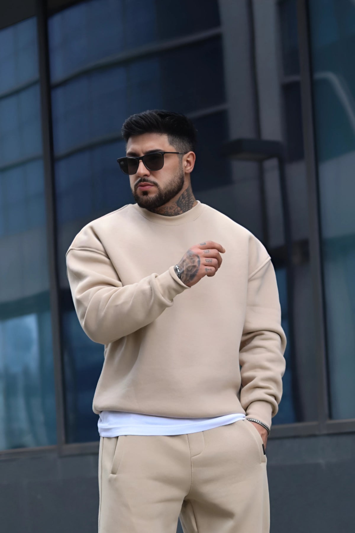Erkek Oversize 3 İ̇plik İ̇çi Pamuklu Uzun Kollu Bisiklet Yaka Kazak - Bej - 2