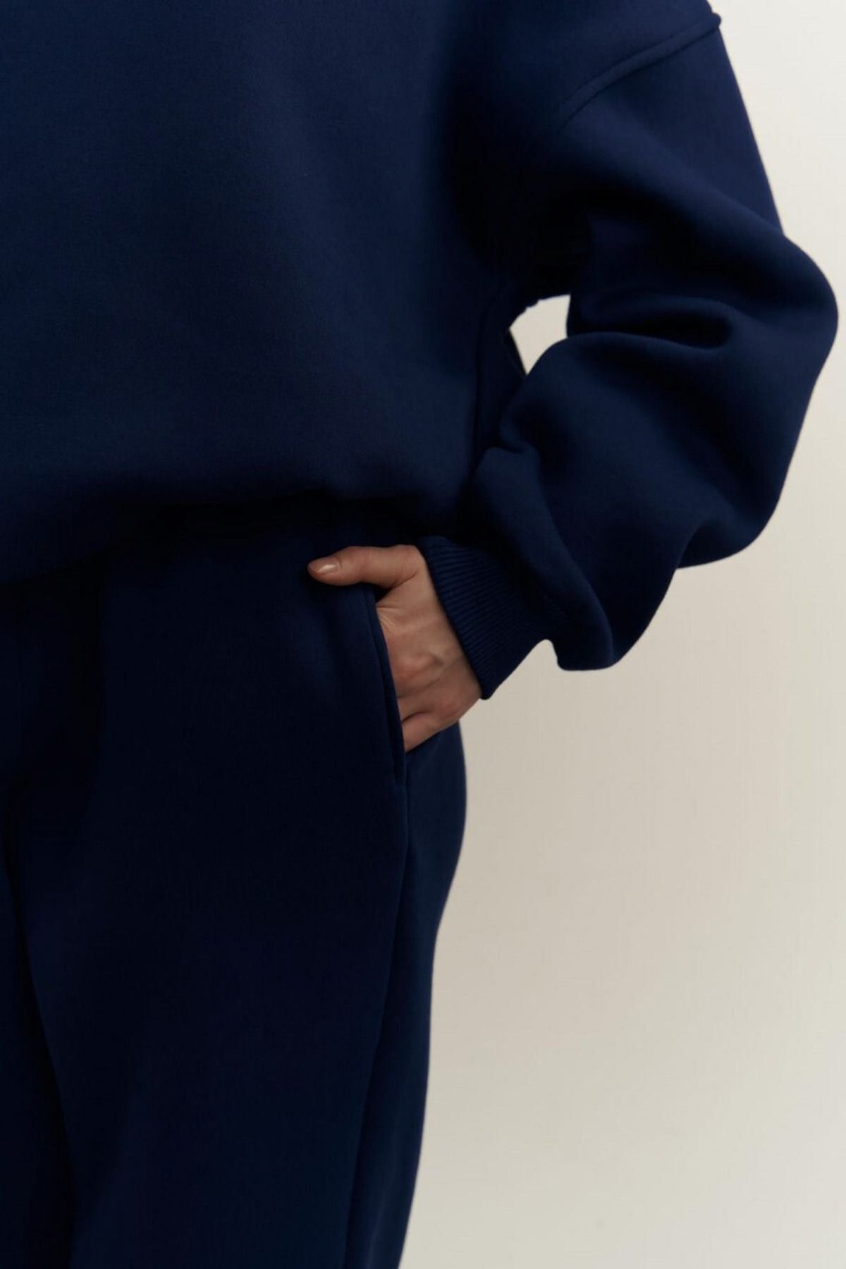 Kadın Oversize Rahat Kalıp Bisiklet Yaka Eşofman Takıım - Lacivert - 6
