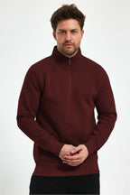 Erkek Yarım Fermuar Dik Yaka Uzun Kollu 3 İ̇plik Sweatshirt - Bordo - 3