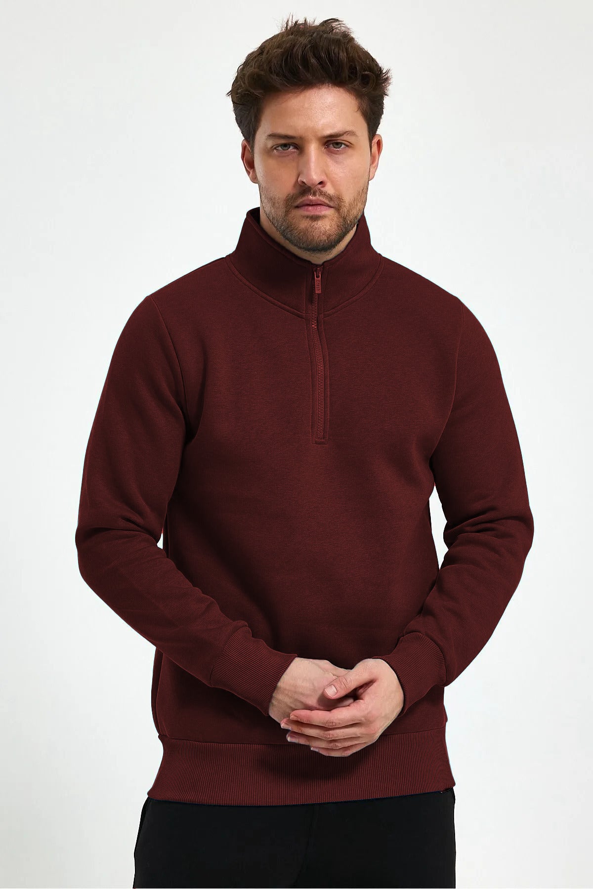 Erkek Yarım Fermuar Dik Yaka Uzun Kollu 3 İ̇plik Sweatshirt - Bordo - 3