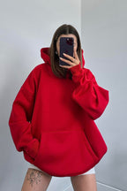 Kadın Oversize Trend Model Kanguru Cep Kapşonlu Sweatshirt Eşofman Takımı - Canlı Kırmızı - 6