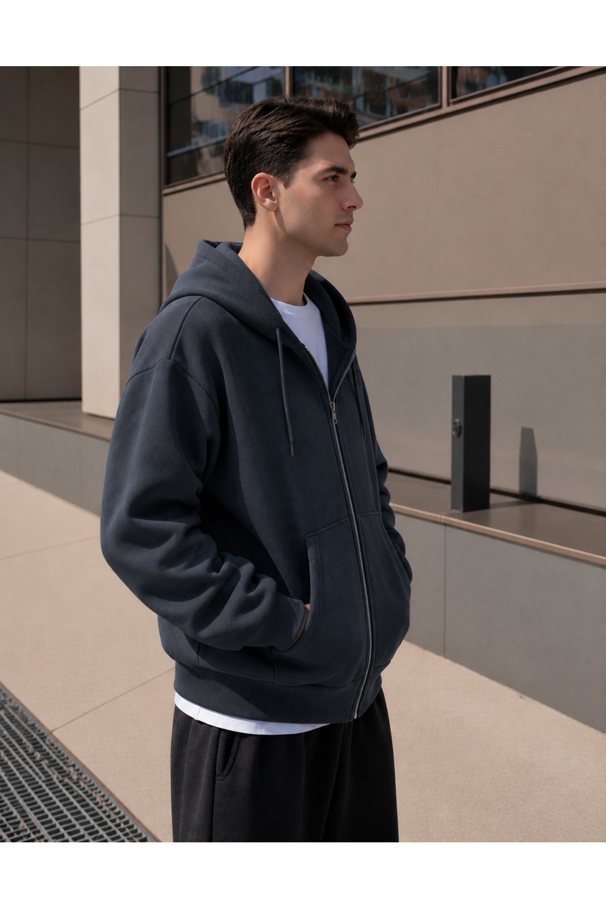 Erkek 3 İ̇pli̇k Fermuarli Kapüşonlu Oversi̇ze Rahat Sweatshirt Hirka - Füme - 4