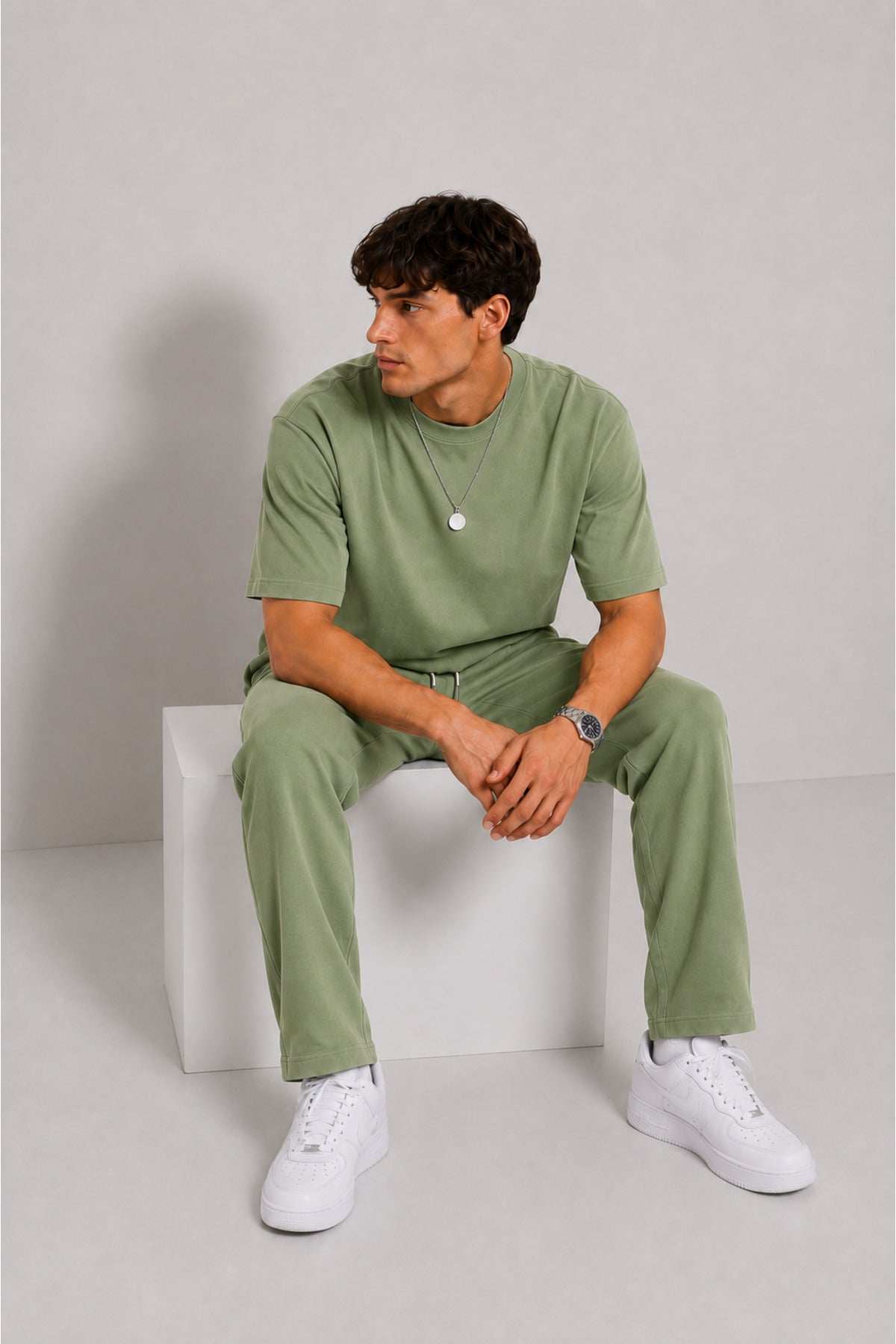 Erkek 2 İ̇plik Oversize Basic Bisiklet Yaka Rahat Kalıp Günlük Eşofman Takımı - Yeşil - 6