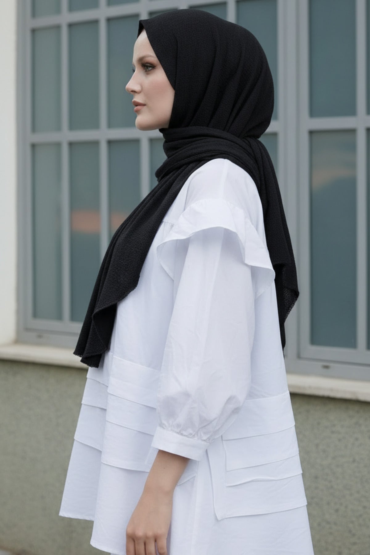 Kadın Dokulu Bürümcük Tesettür Şal 180x75 - Siyah - 2