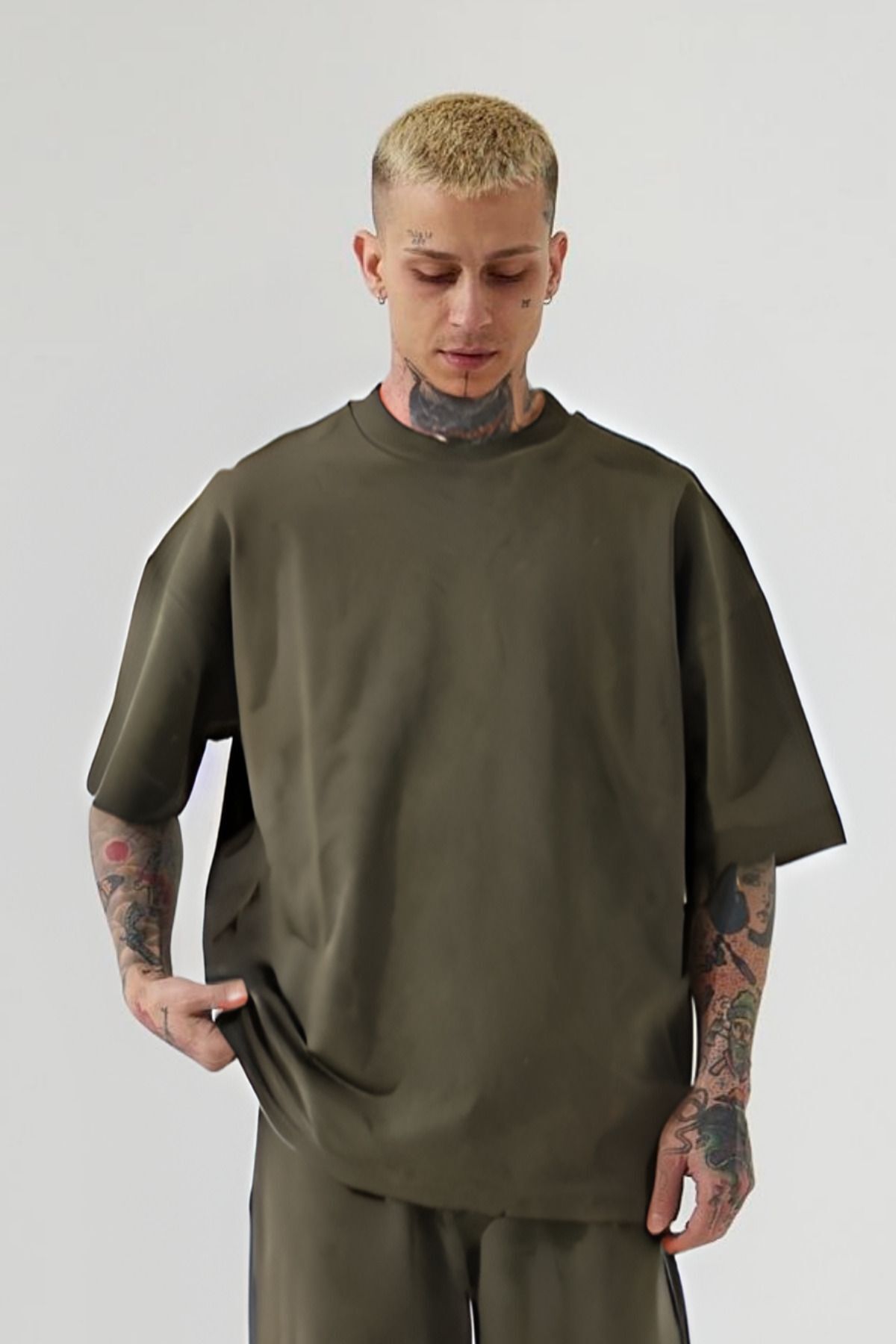 Erkek Oversize Penye T-shirt - Haki - 1