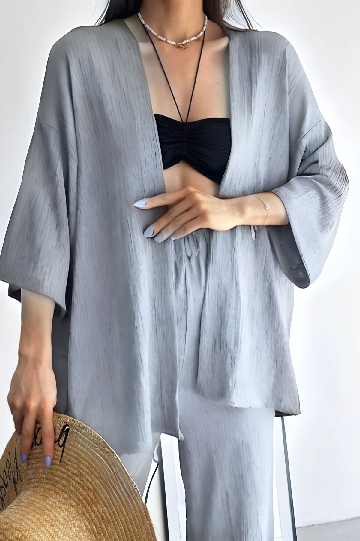 Kadın Bol Paça Palazzo Kimono Alt Üst Takım - GRİ - 2