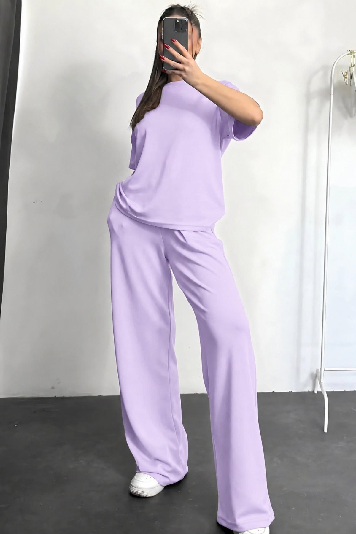 Kadın Kısa Kollu Oversize Süper Yüksek Bel Esnek Bisiklet Yaka Eşofman Takımı - Lila - 3