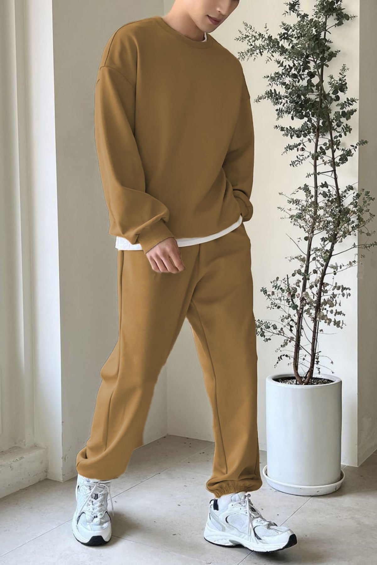 Erkek Bisiklet Yaka Oversize Jogger Paçası Lastikli Alt Üst Eşofman Takımı - Vizon - 2