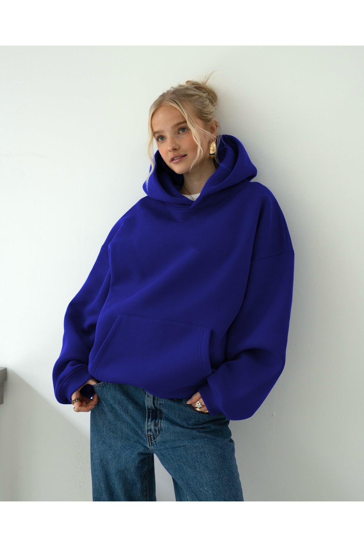 Oversize Kapşonlu Basic Baskısız Okul Sweatshirt - Saks Mavisi - 1