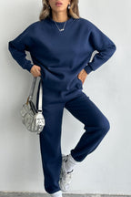 Kadın Oversize Geniş Kalıp Basic Pamuklu Eşofman Takıım - Lacivert - 4