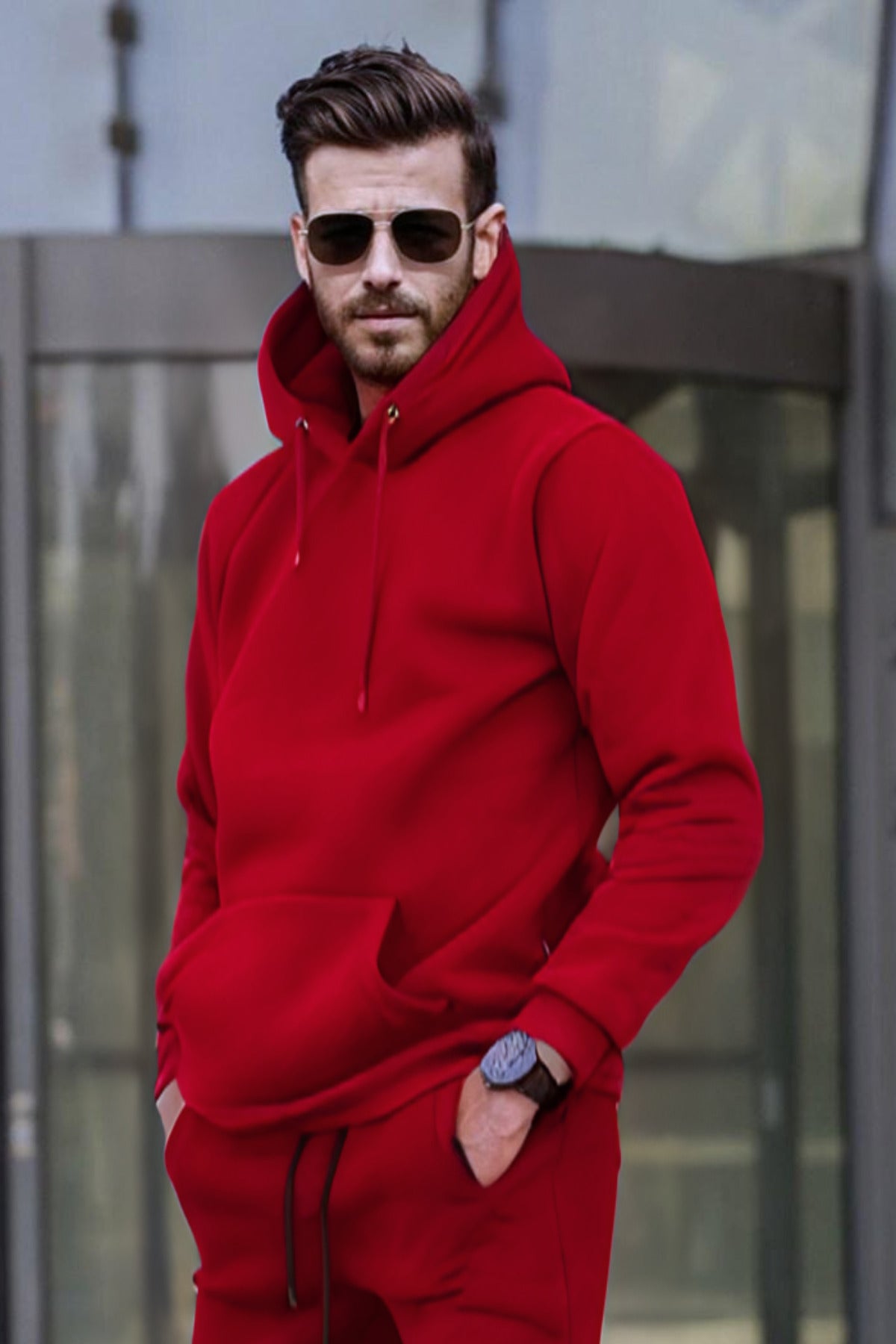 Erkek Bol Kesim Oversize 3 İ̇plik İ̇çi Pamuklu Şardonlu Kanguru Cep Kapşonlu Kışlık Hoodie Sweatshirt - Bordo - 1