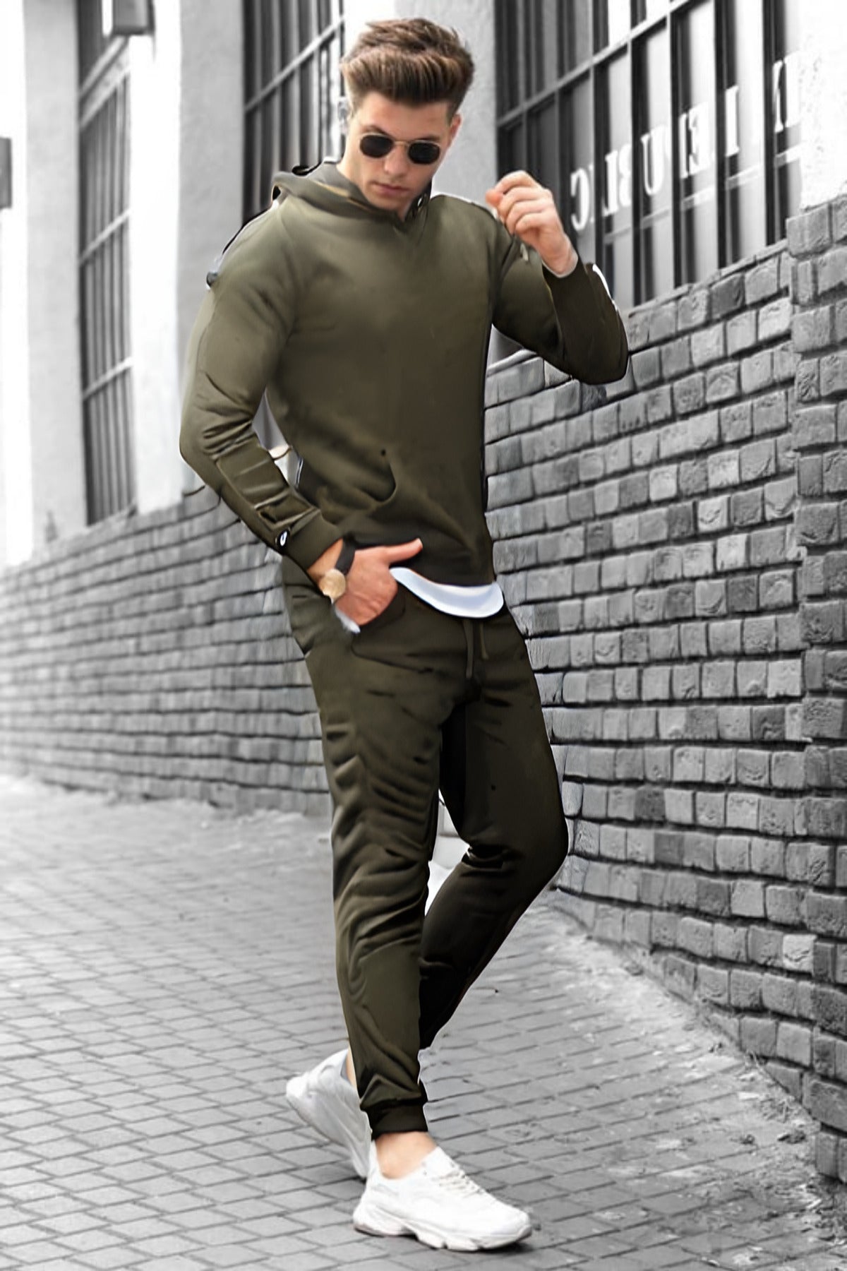 Erkek Bol Kalıp Kalın Rahat Pamuklu Eşofman Takımı Elegance Quality - Haki - 2