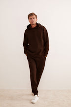Erkek 3 İ̇plik Kapşonlu İ̇çi Pamuklu Bol Kesim Hoodie Kışlık Günlük Eşofman Takımı - Kahverengi - 1