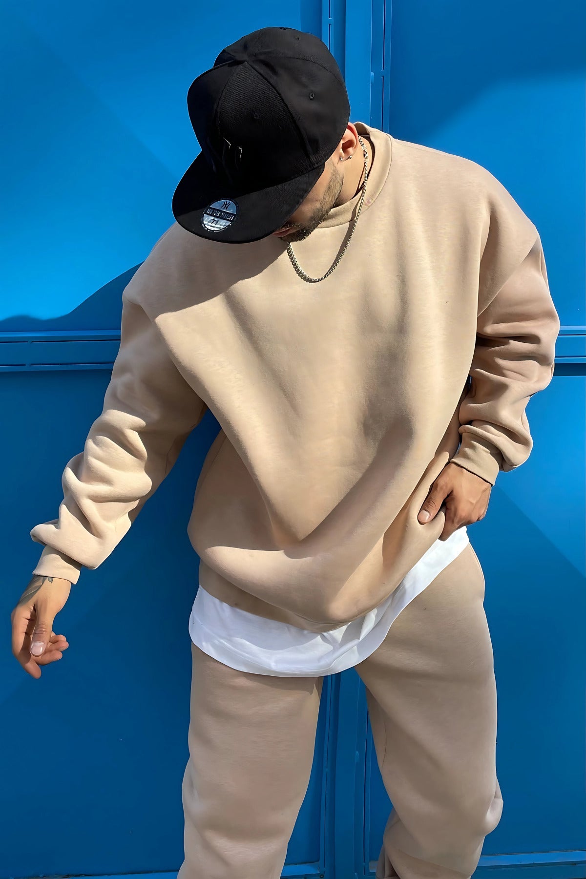 Oversize Pamuklu Kalın Bisikletyaka Eşofman Takımı - Vizon - 3