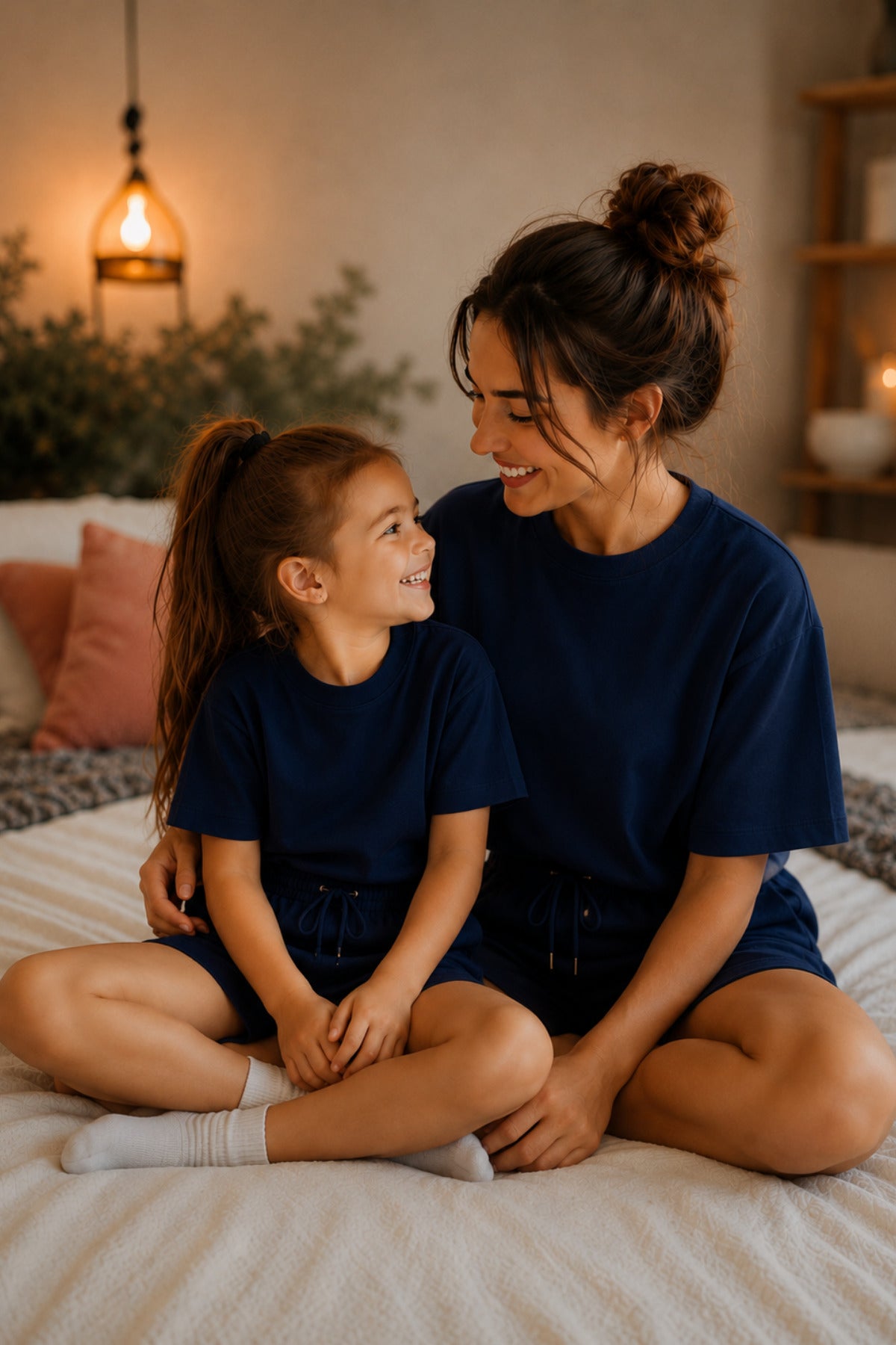 Anne Çocuk Kisa Kollu Oversize Esnek Rahat Beli̇ Bağcikli Modern Kesi̇m Trend Yazlik Günlük Alt Üst Takim - Lacivert - 4