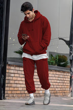 Erkek Oversize 3i̇pliki Şardonlu Basic Eşofman Takımı - Bordo - 1