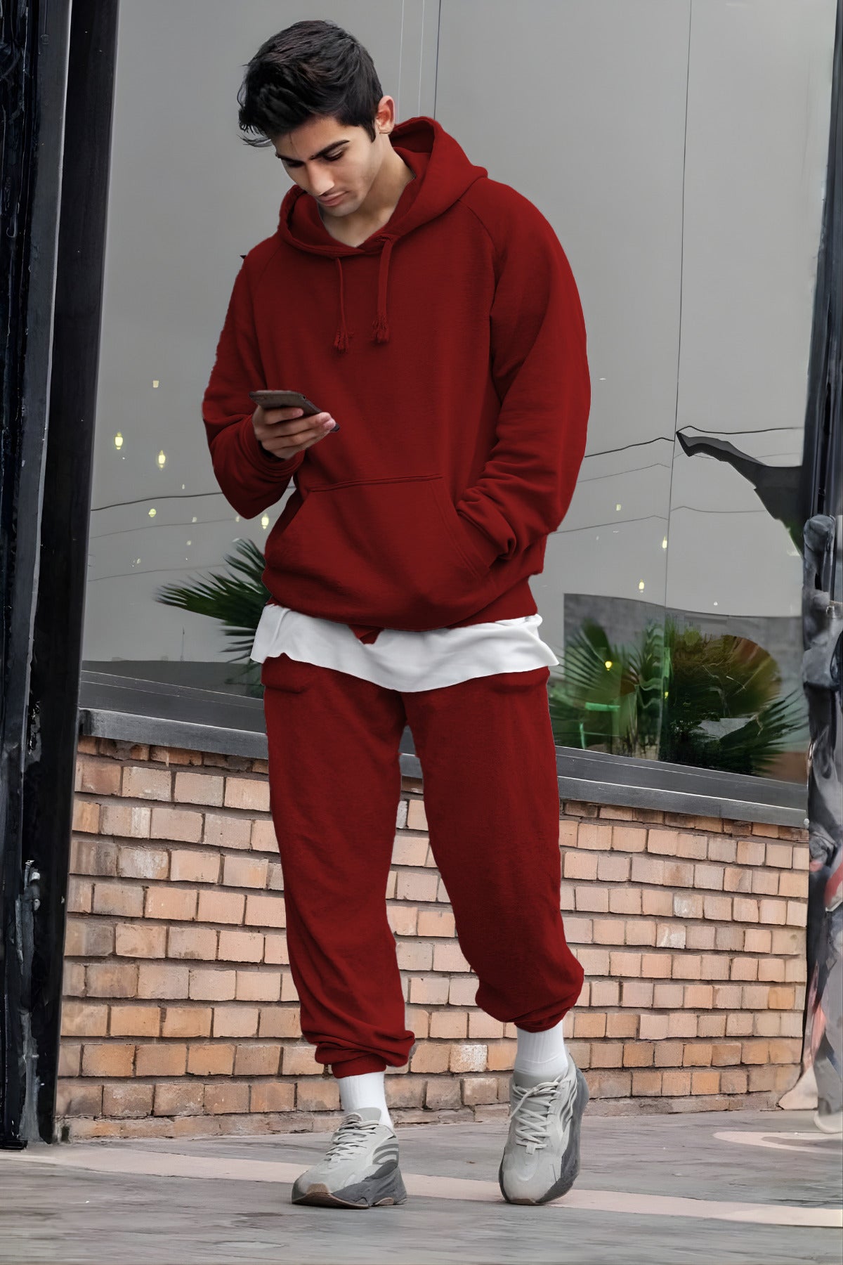 Erkek Oversize 3i̇pliki Şardonlu Basic Eşofman Takımı - Bordo - 1