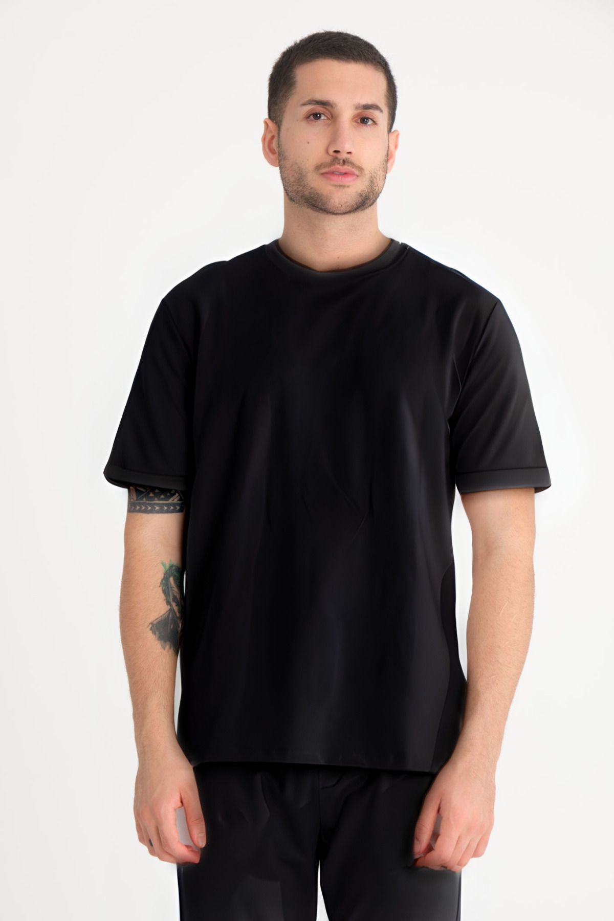 Erkek Penye Oversize Rahat T-shirt - Siyah - 2